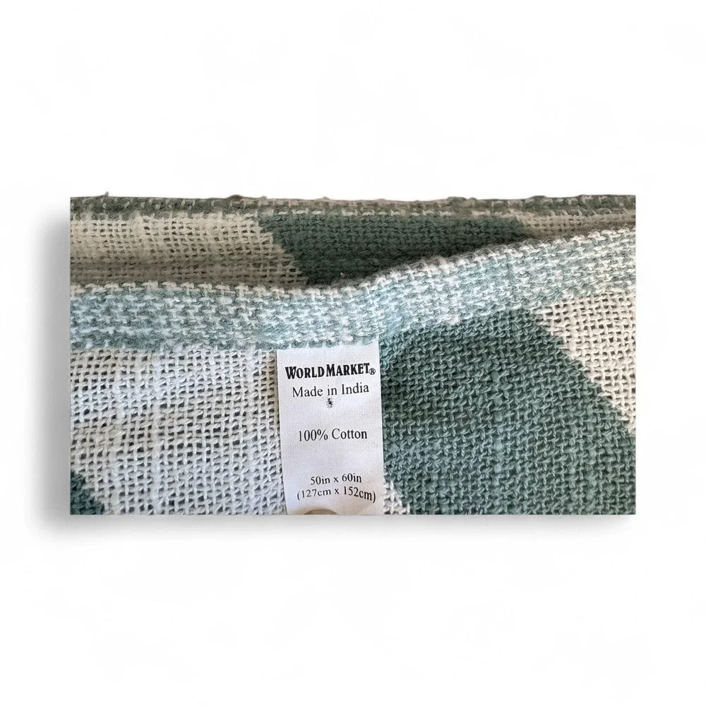 World Market Throw Blanket Green White Chevron‎ Cotton Fringe Accent 50x60